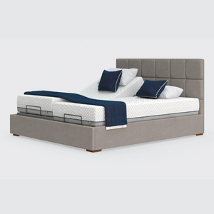 The Hagen Dual has a split/twin mattress platform allowing each side to be controlled independently. The bed a deep base design with four wooden corner feet.