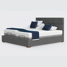 Load image into Gallery viewer, The Hagen Dual has a split/twin mattress platform allowing each side to be controlled independently. The bed a deep base design with four wooden corner feet.