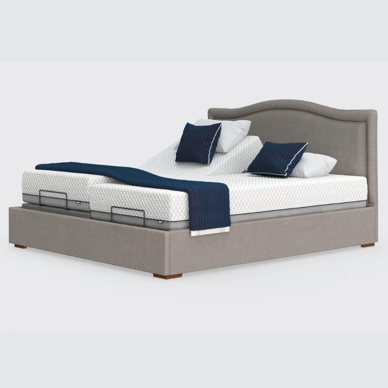 The Hagen Dual has a split/twin mattress platform allowing each side to be controlled independently. The bed a deep base design with four wooden corner feet.
