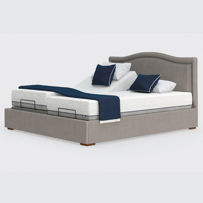 The Hagen Dual has a split/twin mattress platform allowing each side to be controlled independently. The bed a deep base design with four wooden corner feet.