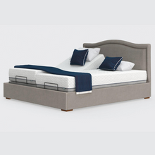 Load image into Gallery viewer, The Hagen Dual has a split/twin mattress platform allowing each side to be controlled independently. The bed a deep base design with four wooden corner feet.