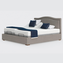 Load image into Gallery viewer, The Hagen Dual has a split/twin mattress platform allowing each side to be controlled independently. The bed a deep base design with four wooden corner feet.