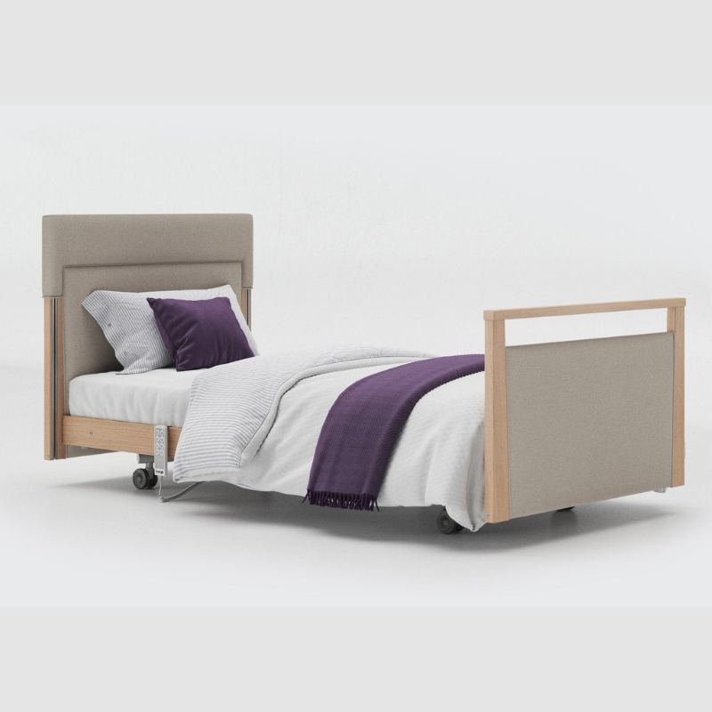 The Opera® Signature Upholstered is height adjustable for nursing and access. The bed has an extensive height range that allows it to be lowered close to the floor and raised to a carer's waist level.