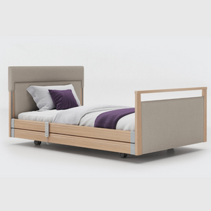 Opera Signature Upholstered Profiling Bed With Cot Sides & Memory Mattress. The padded head and footboard design ensure's a comfortable and elegant finish. With height adjustment and full profiling features, this care bed is suitable for almost all user types.