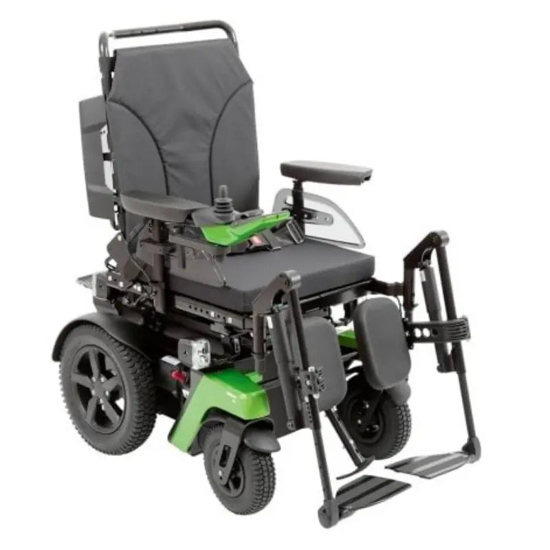 The Juvo B4 rear-wheel drive power chair offers maximum safety and comfortable damping characteristics for outdoor use and compact size and maneuverability for indoors. It provides a smooth ride on uneven surfaces thanks to the permanent drive wheel suspension and the compact small size of the chair makes it easy to drive through narrow doorways and navigate in confined spaces.