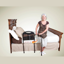 Load image into Gallery viewer, Stander Mobility Bed Rail Height adjustment from floor to top of handle: 79-112cm - Height adjustment from mattress base to top of handle: 45-57cm - Rail width: 46cm - Height range from the floor to horizontal support structure under - mattress: 34-55cm - Depth of horizontal support structure under mattress: 51cm - Mobility Arm: swings out 48cm away from bed - Max User Weight: 136kg (21 stone) - Weight of product: 4.7kg